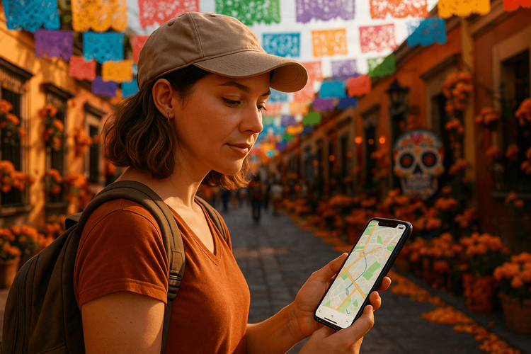 A traveler uses her smartphone with a Yoho Mobile eSIM to navigate the vibrant streets of Oaxaca during the Day of the Dead festival.