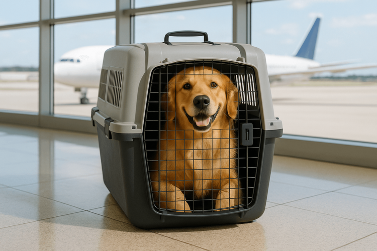 Un Golden Retriever tranquilo dentro de un transportín de viaje aprobado por la aerolínea, listo para un viaje internacional en un aeropuerto.