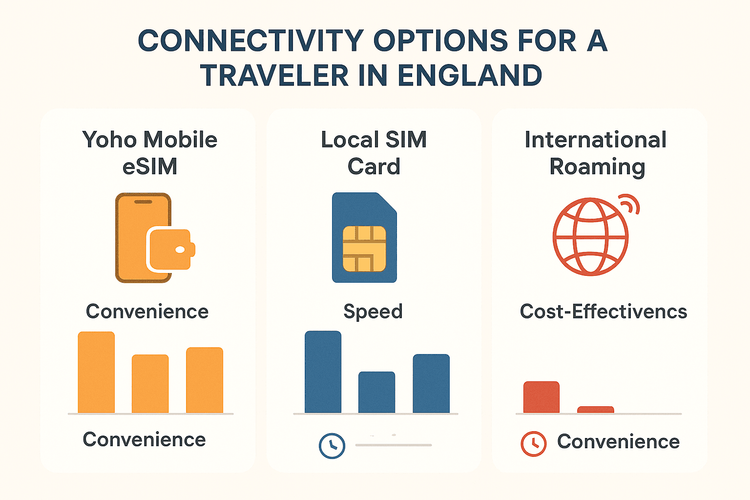 Infographic comparing the cost and convenience of Yoho Mobile eSIM, local SIM cards, and international roaming for travel in England.
