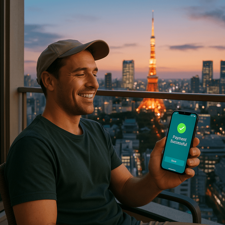 A traveler securely completes a banking transaction on their phone using cellular data while on a hotel balcony.