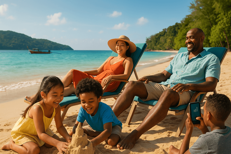 A family enjoying a sunny winter holiday on a beach in Phuket, Thailand.
