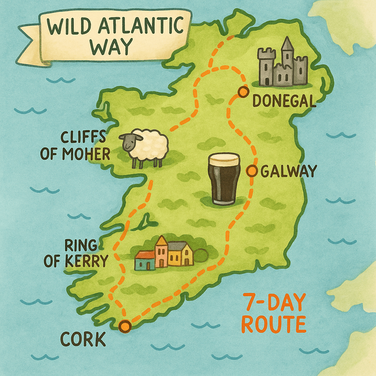 An illustrated map showing the 7-day itinerary for a road trip along Ireland's Wild Atlantic Way.