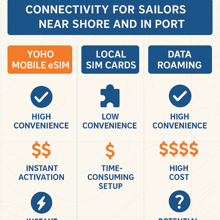 Infographic comparing the cost and convenience of Yoho Mobile eSIM, local SIMs, and data roaming for sailors.