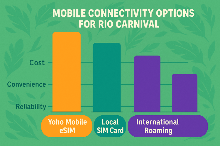 A comparison chart showing the benefits of a Yoho Mobile eSIM over a local SIM and international roaming for cost, convenience, and reliability at Rio Carnival.