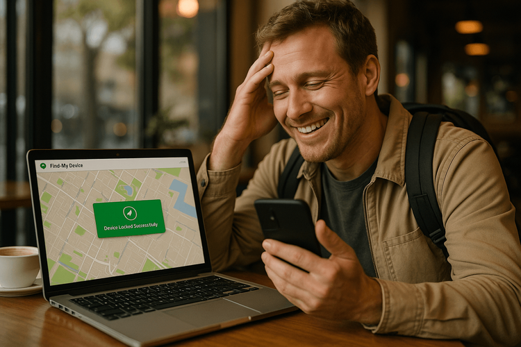 A traveler remotely locking their lost phone using a laptop, demonstrating the security benefits of modern device management.