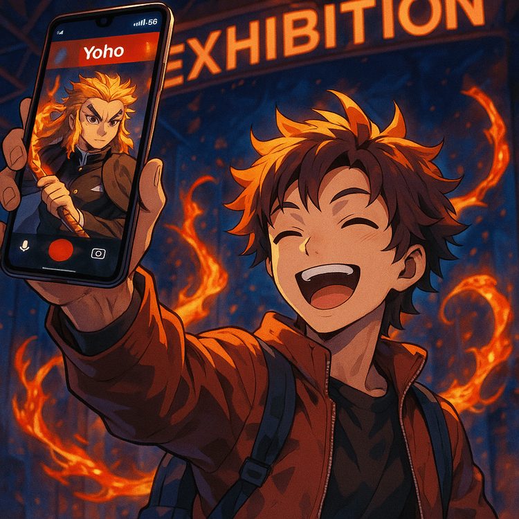 An anime fan enjoys seamless connectivity with Yoho Mobile eSIM at the Demon Slayer Exhibition in Singapore.