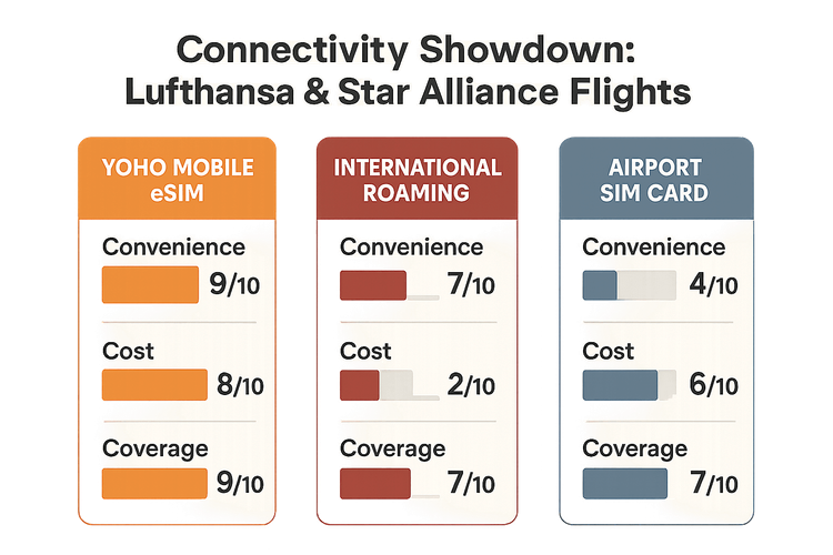 A comparison chart showing that Yoho Mobile eSIM is more cost-effective and convenient than international roaming or airport SIM cards for Lufthansa flights.