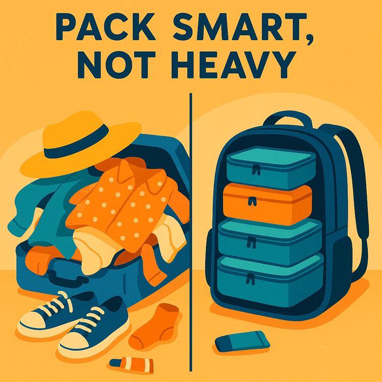 An illustration comparing a messy, overpacked suitcase with a neatly organized travel backpack.