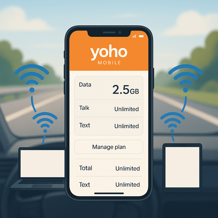 Illustration of a smartphone with a Yoho Mobile eSIM acting as a Wi-Fi hotspot for a laptop and tablet during a road trip.