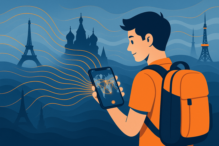 An illustration showing Apple Intelligence in iOS 26.1 enhancing a traveler's global connectivity with an eSIM.