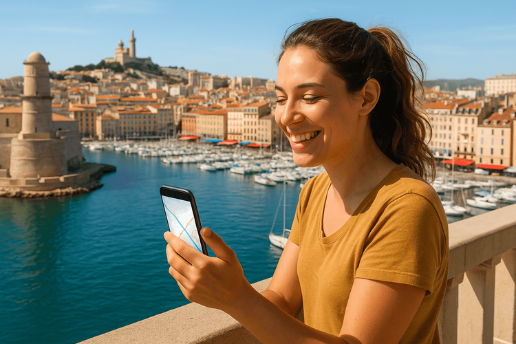 A traveler enjoying seamless navigation with her Yoho Mobile eSIM while looking at her phone in the Old Port of Marseille, France.