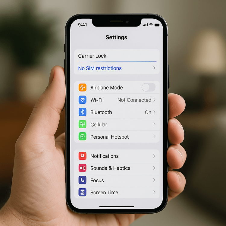 Screenshot of an iPhone's settings showing 'No SIM restrictions', confirming the device is unlocked for any eSIM.