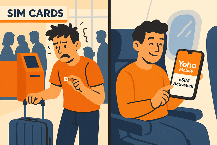 A comparison showing the hassle of buying a physical SIM card at an airport versus the ease of activating a Yoho Mobile eSIM.