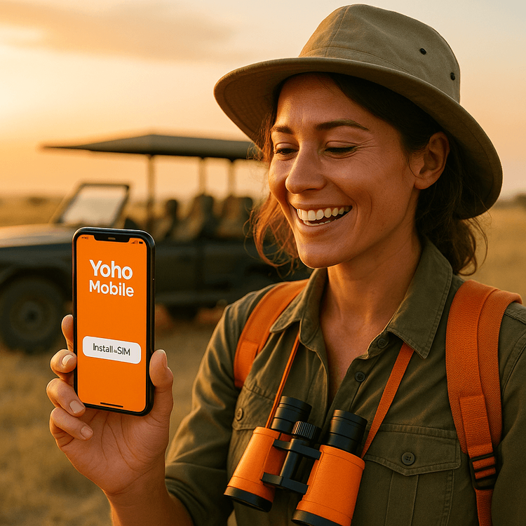 A traveler activating her Yoho Mobile eSIM on her phone before a Botswana safari adventure.