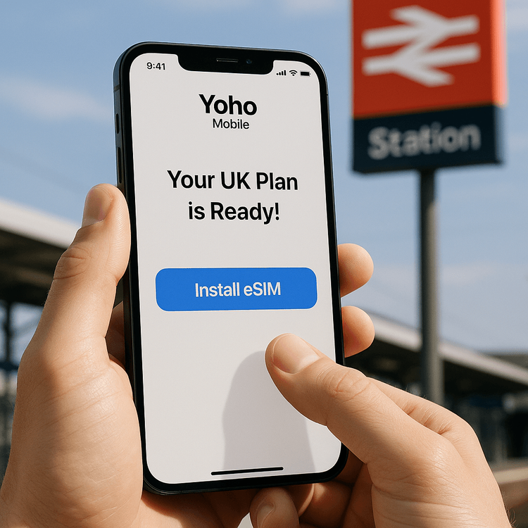 A user easily installing a Yoho Mobile eSIM on an iPhone with a single tap, preparing for their UK trip.