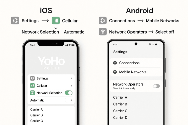Step-by-step guide to manually select a network for your eSIM on iOS and Android.