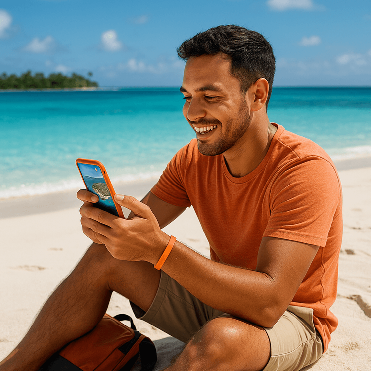 A traveler enjoying seamless mobile data on a Fiji beach with a Yoho Mobile eSIM.
