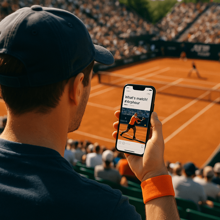 A tennis fan using their smartphone with a Yoho Mobile eSIM to post on social media while watching a live ATP tour match in a stadium.