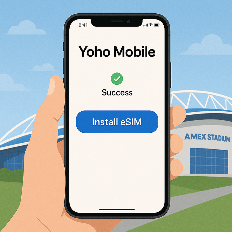 Illustration of the simple one-tap eSIM installation process for Yoho Mobile on an iPhone.