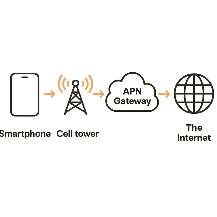 Diagram showing how a phone connects to the internet via a cell tower and an APN gateway.