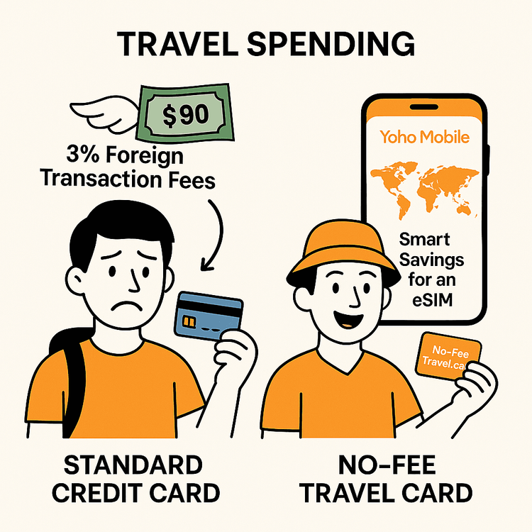 Infographic comparing savings from a no foreign transaction fee credit card versus a standard card, showing how savings can be used for a travel eSIM.