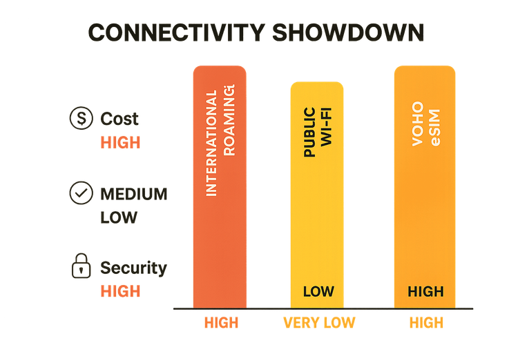 An infographic comparing the cost, convenience, and security of Yoho Mobile eSIM versus International Roaming and Public Wi-Fi for travelers.