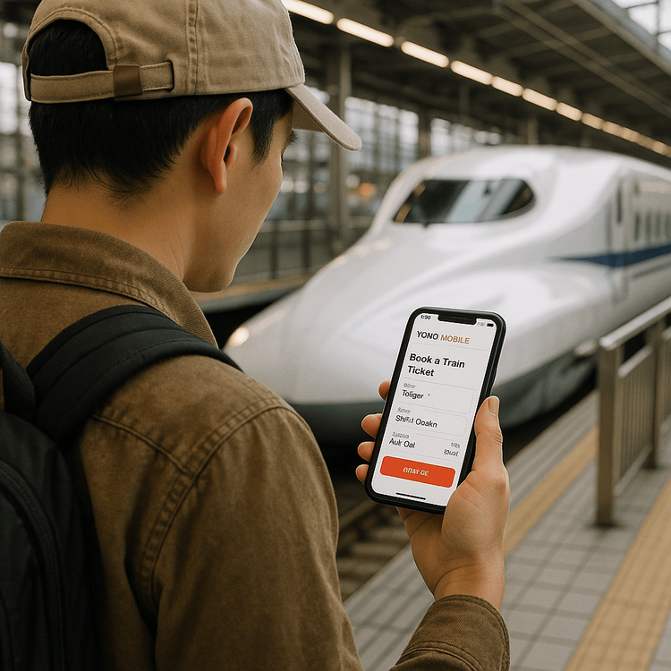 Traveler booking a Shinkansen ticket in Japan using a smartphone with a reliable eSIM connection.