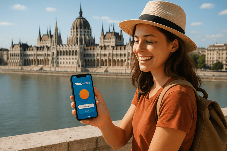 A traveler using a Yoho Mobile eSIM on her smartphone with the Budapest Parliament in the background.