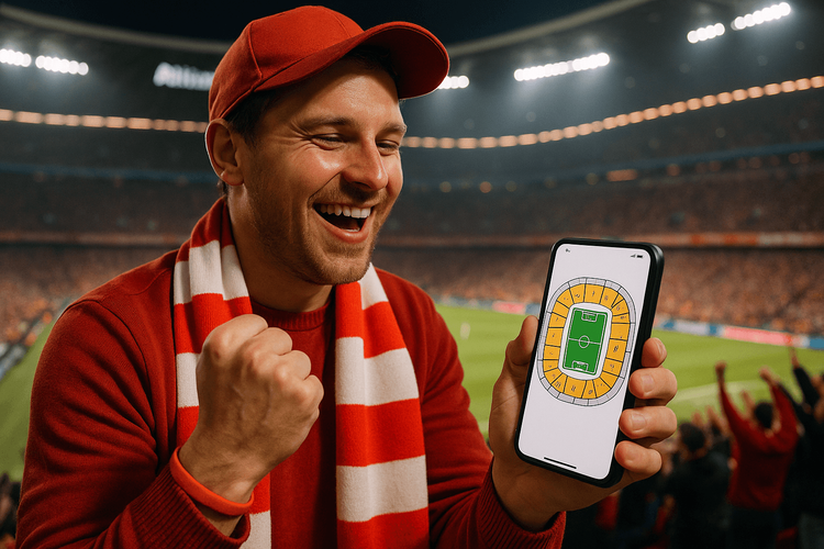 Un supporter utilise une eSIM Yoho Mobile sur son téléphone pour se déplacer à l'intérieur de l'Allianz Arena pendant un match du Bayern Munich.
