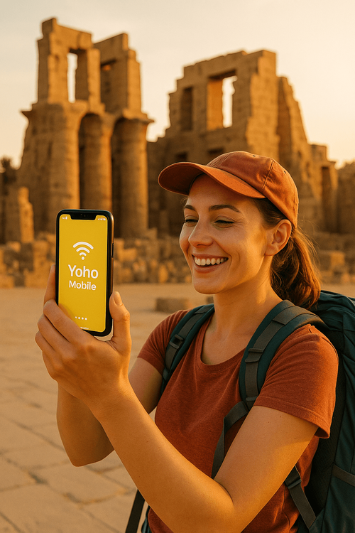 A female traveler uses her Yoho Mobile eSIM for data while visiting the Karnak Temple in Luxor, Egypt.