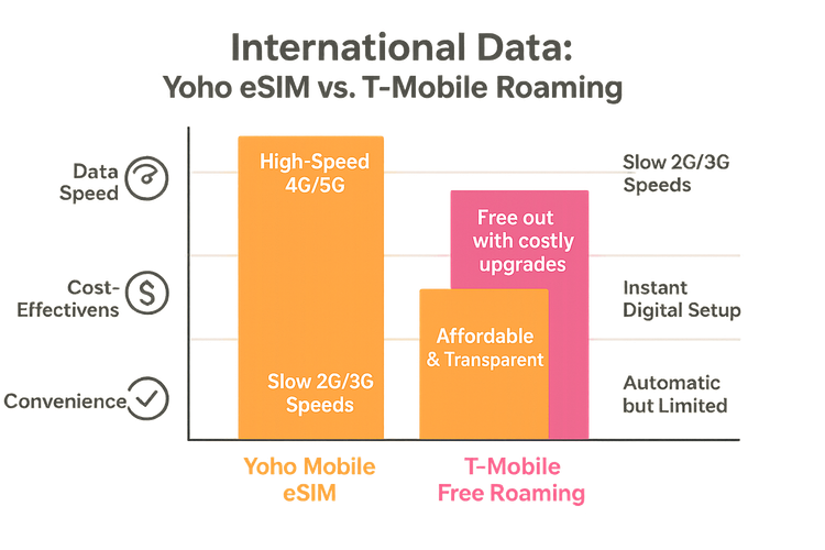 Comparison chart showing Yoho Mobile eSIM is superior to T-Mobile's free international roaming in speed, cost-effectiveness, and convenience.
