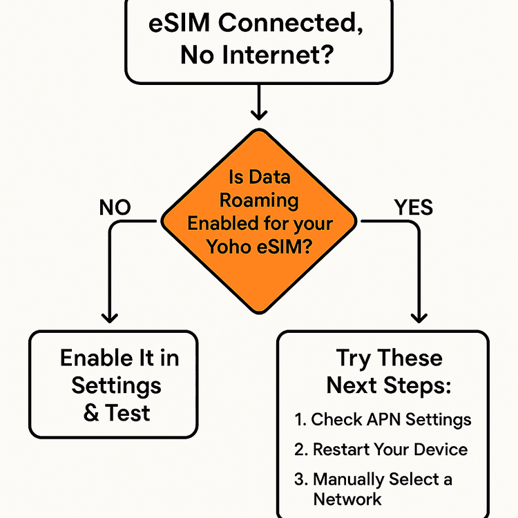 A flowchart diagram outlining the troubleshooting steps for when an eSIM is connected but has no internet.