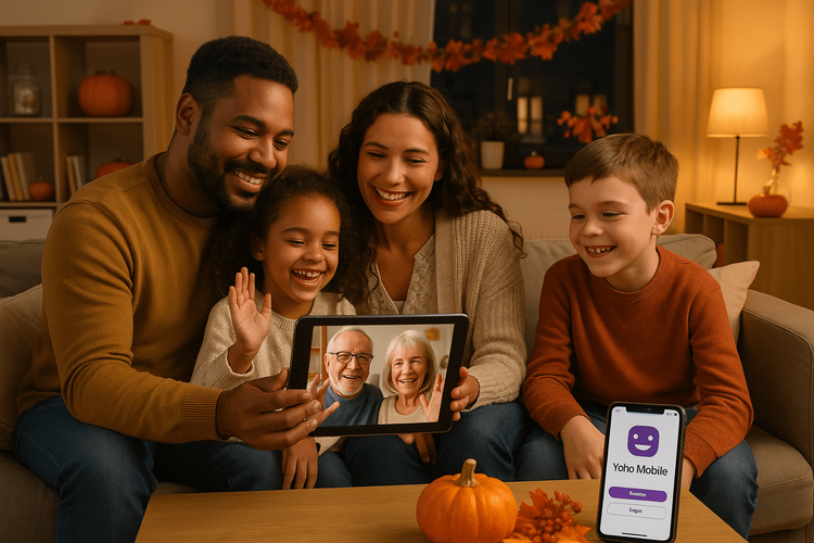 A family using a tablet for a video call during Thanksgiving, demonstrating the power of staying connected with a travel eSIM.