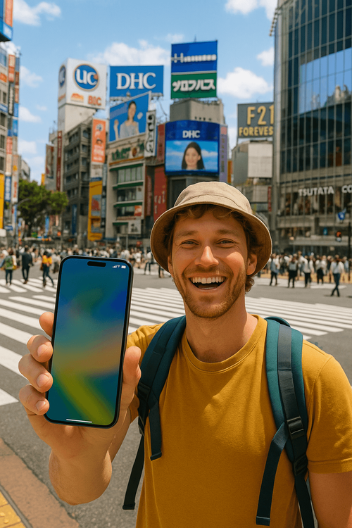 Traveler happily using their new iPhone 17 with a Yoho Mobile eSIM for seamless connectivity abroad.