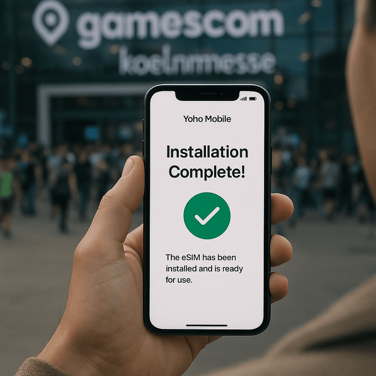A user successfully completes the easy installation of a Yoho Mobile eSIM for their trip to Cologne.