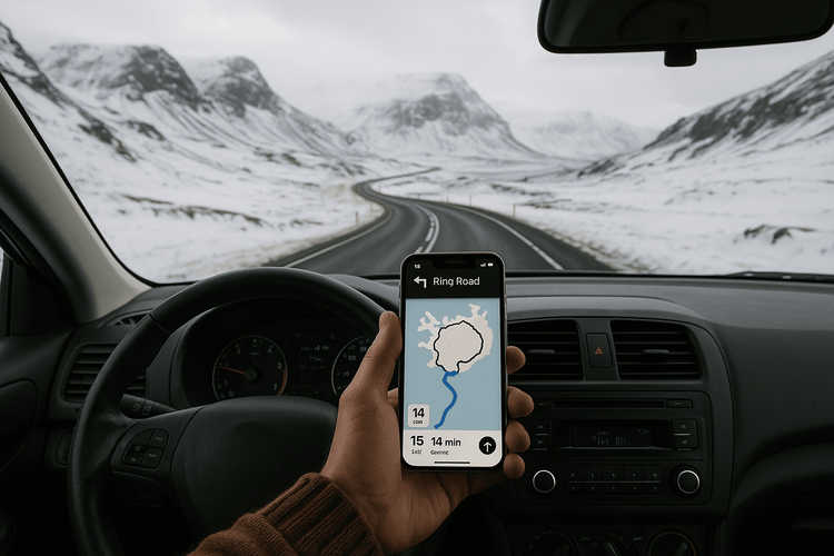Driver using a phone with reliable eSIM data for GPS navigation on the snowy Ring Road in Iceland.