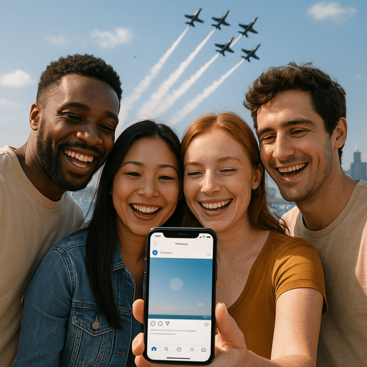 A group of friends happily using their smartphone with a stable data connection at the Chicago Air and Water Show.
