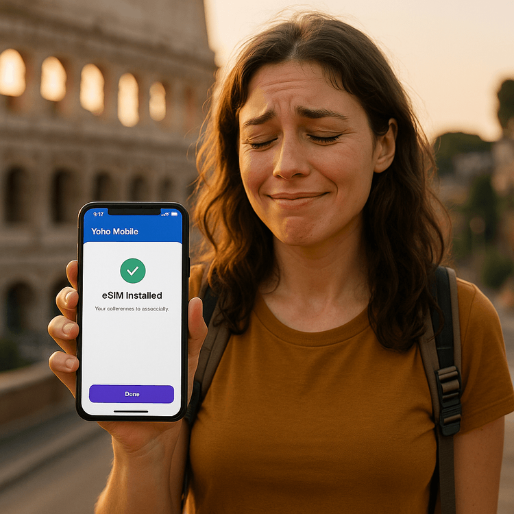 A traveler in Rome looking relieved as she gets back online with a Yoho Mobile eSIM on her new phone.