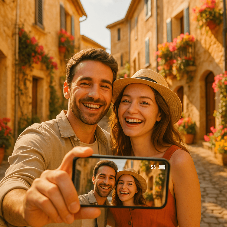 A couple enjoying their holiday on the French Riviera, staying connected with a reliable eSIM from Yoho Mobile.
