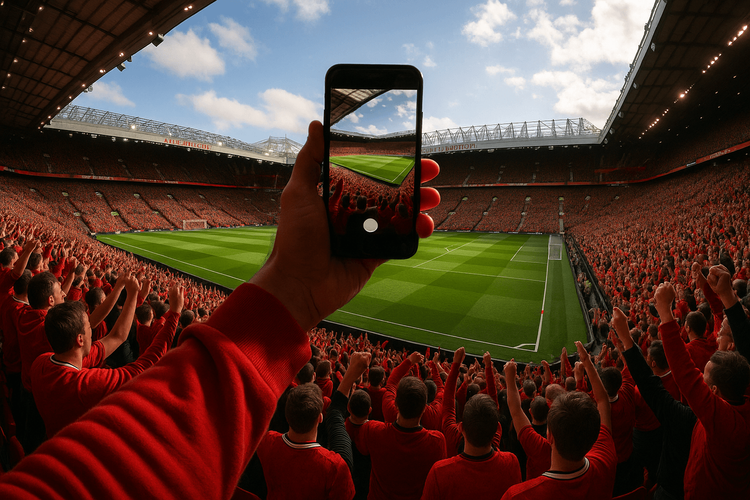 View from the stands at Old Trafford, with a fan using their phone with reliable data to capture the moment.
