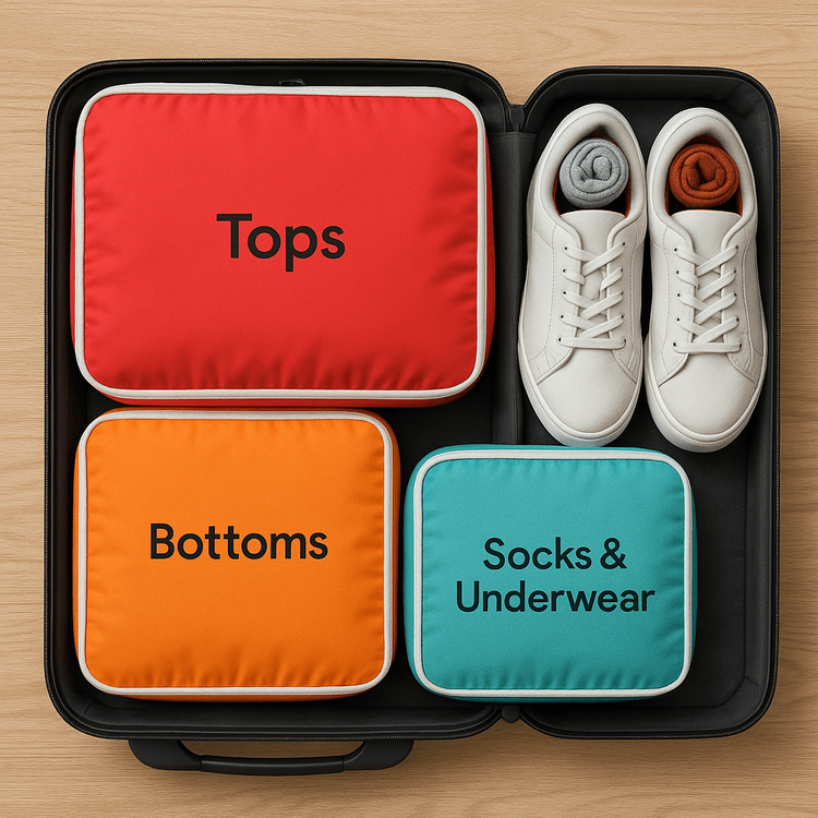 An open suitcase perfectly organized with labeled packing cubes and space-saving hacks.