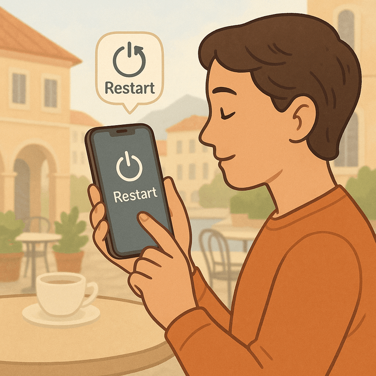 A person restarting their phone as a simple troubleshooting step for eSIM connectivity.