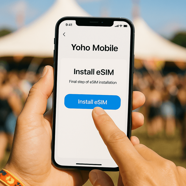 Illustrating the simple one-tap process to install a Yoho Mobile eSIM on an iPhone before a festival.