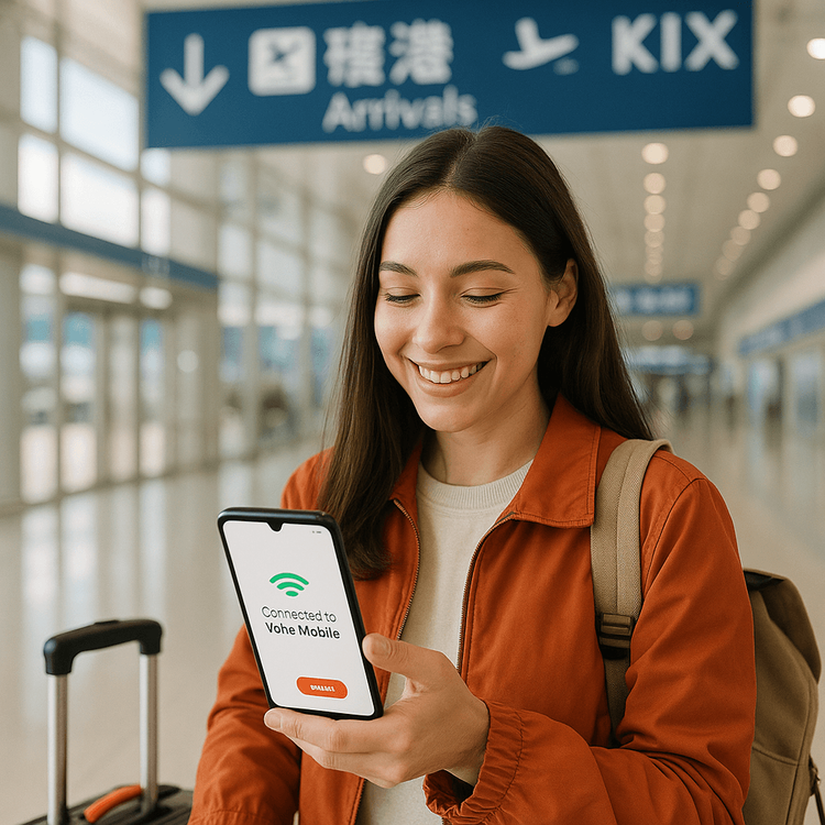 A traveler smiling as she instantly connects to the internet with her Yoho Mobile eSIM upon arrival at Kansai Airport.