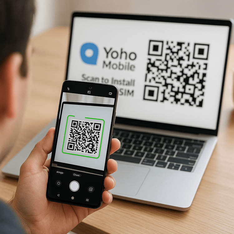 A person scanning a Yoho Mobile QR code with their Android phone to begin the eSIM activation.
