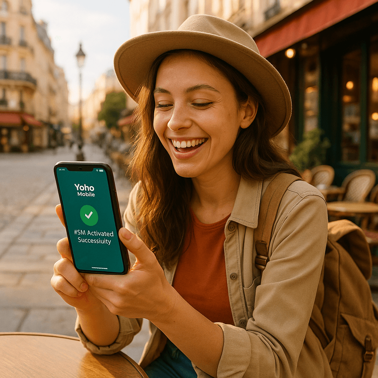 A happy traveler successfully activating her Yoho Mobile eSIM on her smartphone while sitting at a cafe in Europe.