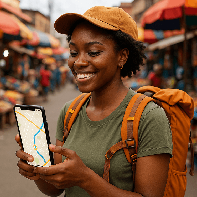 A traveler confidently using her smartphone with a Yoho Mobile eSIM to navigate a bustling market in Lagos, Nigeria.