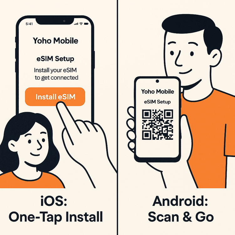 Easy installation process for Yoho Mobile eSIM on iOS and Android devices.