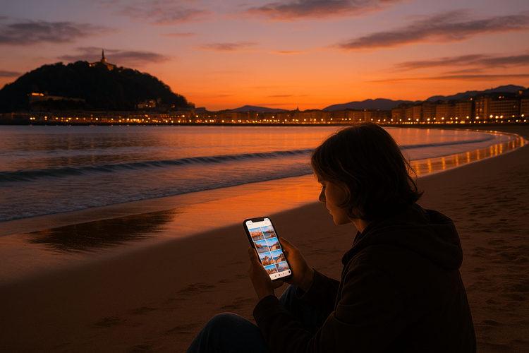 Traveler using a phone with Yoho Mobile on La Concha beach in San Sebastián at sunset.