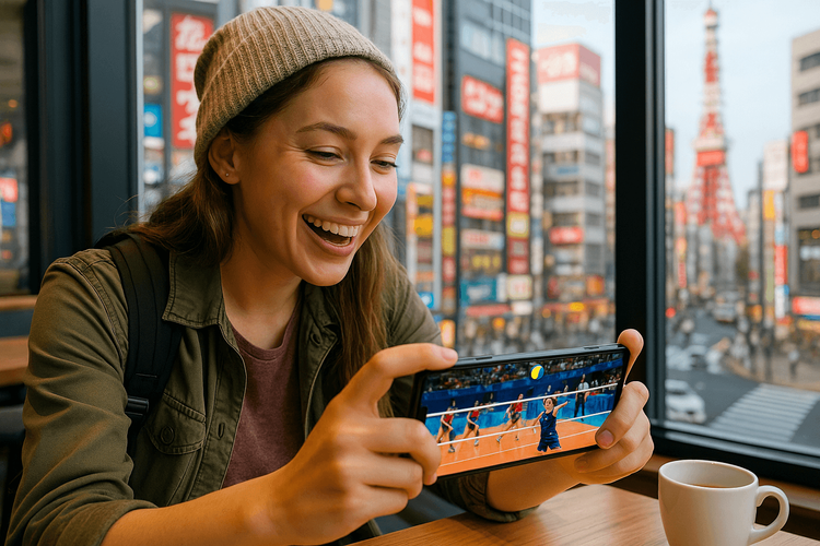 A traveler happily watching a live VNL volleyball match on her smartphone in a cafe abroad.